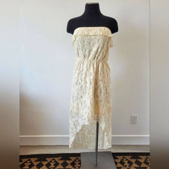 Trixxi Cream Lace High Low Dress Sleeveless Tube Top Boho Fairy Gypsy Medium - Picture 1 of 12